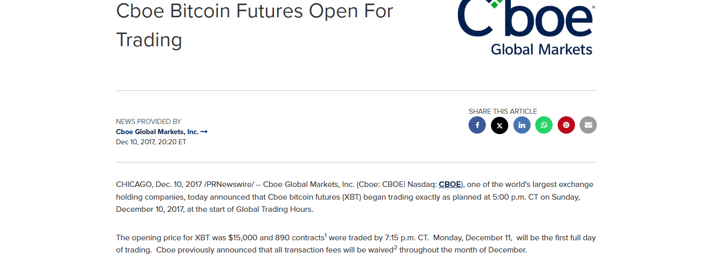 ข่าวแจก Cboe 10 ธันวาคม 2017 Cboe Bitcoin Futures เปิดซื้อขาย