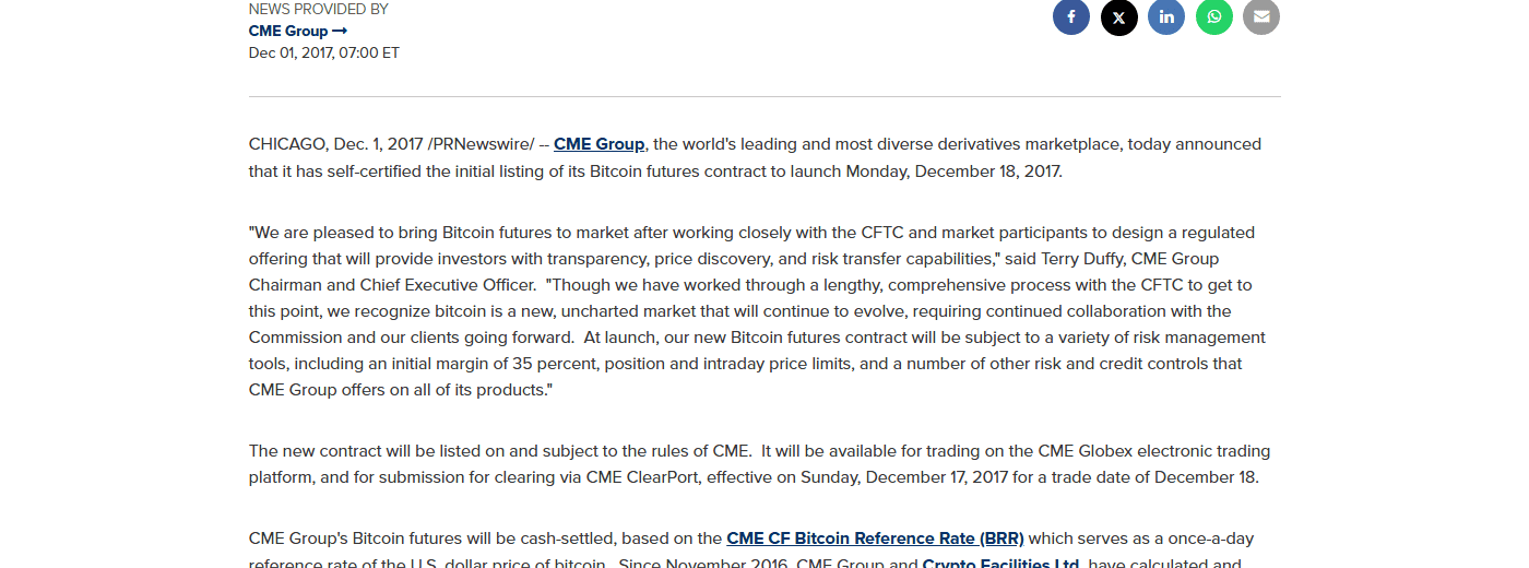 ข่าวแจก CME Group 1 ธันวาคม 2017 self-certify Bitcoin Futures เปิด 17 ธันวาคม 2017 สำหรับวันทำการ 18 ธันวาคม
