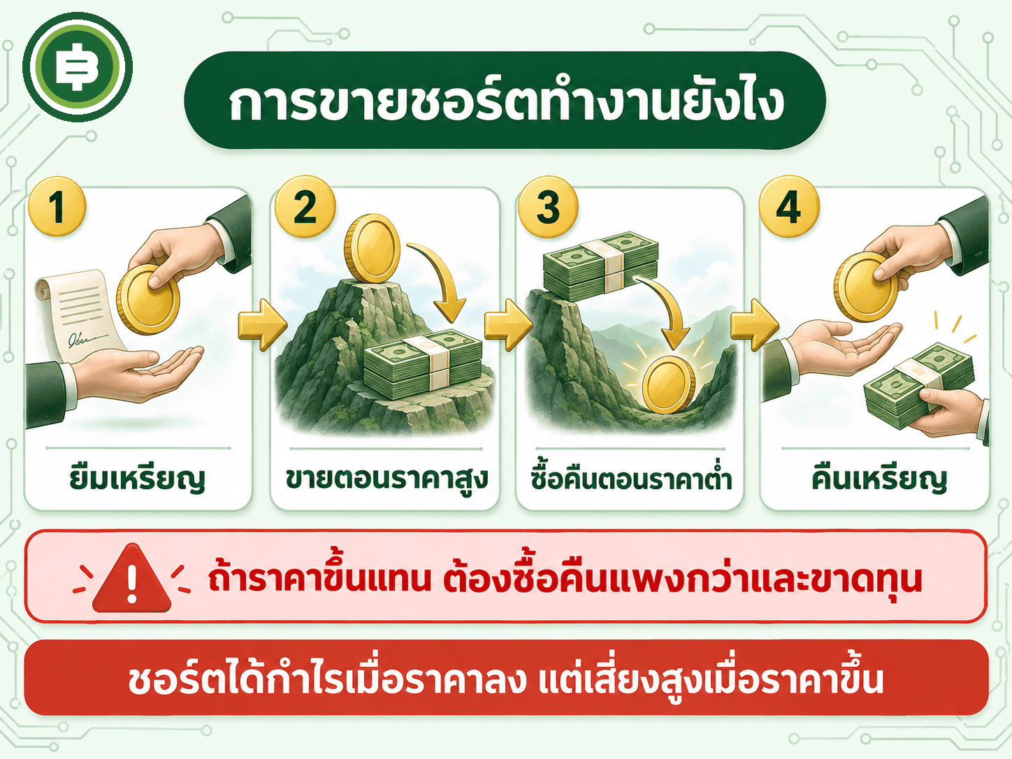 การขายชอร์ต ยืมเหรียญมาขายตอนราคาสูง ซื้อคืนตอนราคาต่ำเพื่อคืนเจ้าของ ถ้าราคาขึ้นแทนจะขาดทุน