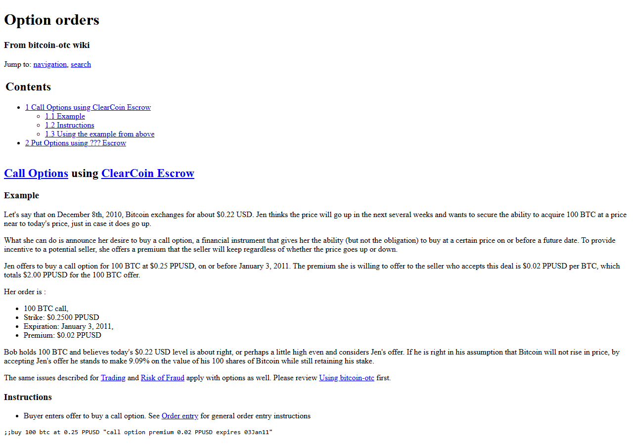 หน้าวิกิ bitcoin-otc เรื่อง Option orders ธันวาคม 2010 ตัวอย่างสมมติการทำคอลออปชันผ่าน ClearCoin escrow