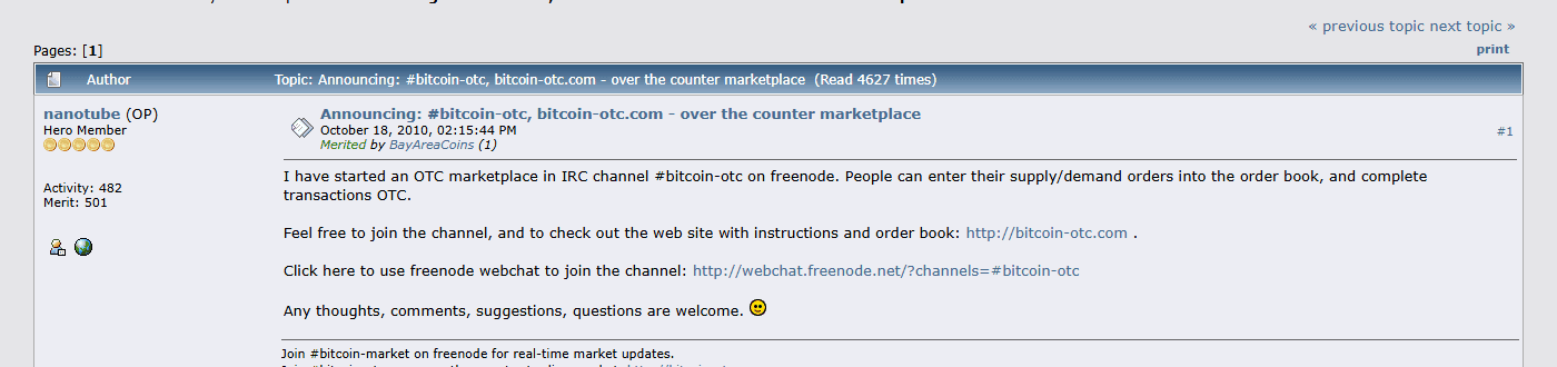 โพสต์ของ nanotube บน bitcointalk 18 ตุลาคม 2010 ประกาศเปิดตลาด OTC ในห้อง IRC #bitcoin-otc