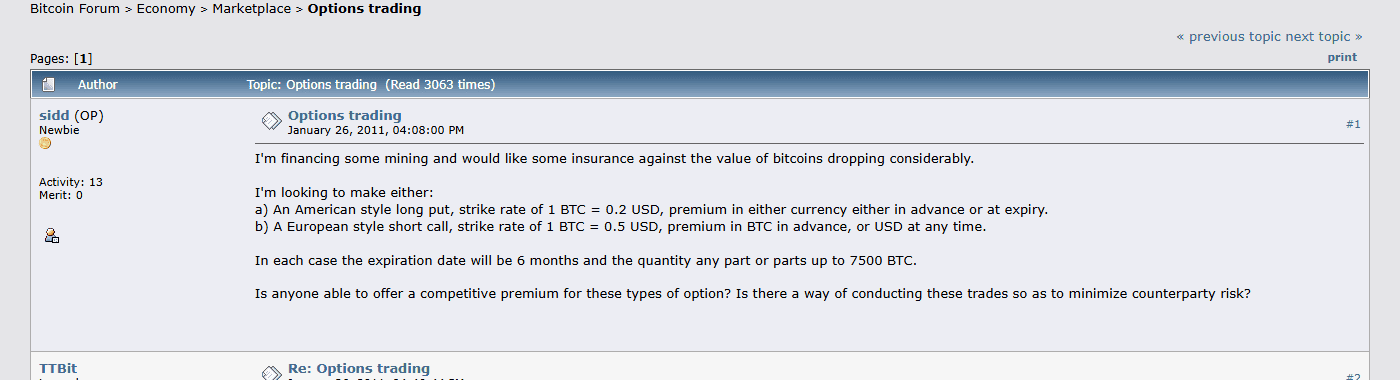 กระทู้ Options trading บน bitcointalk 26 มกราคม 2011 นักขุดขอซื้อพุทออปชันเป็นประกันราคาตก