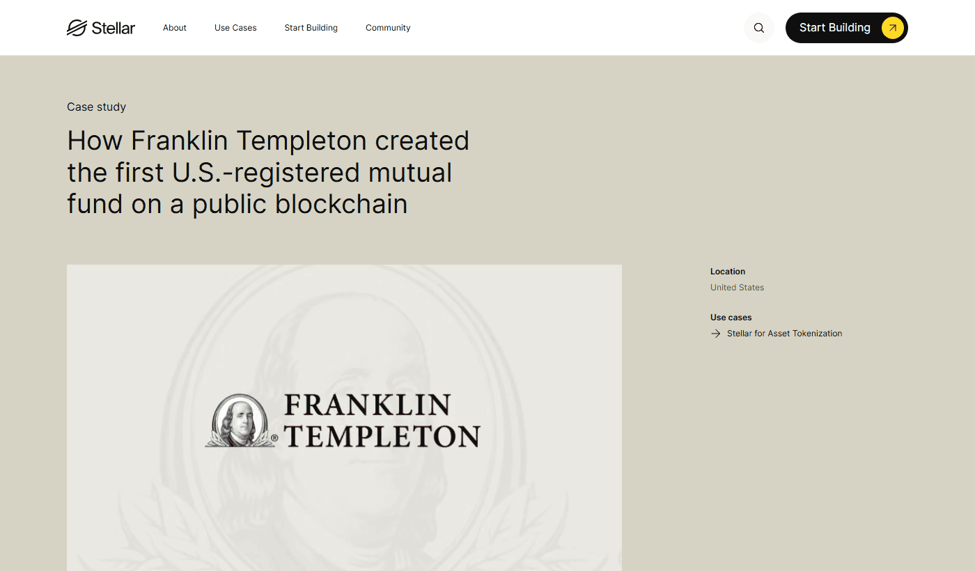 หน้ากรณีศึกษาทางการของ Stellar เรื่อง Franklin Templeton กับกองทุนตลาดเงินโทเคไนซ์ BENJI