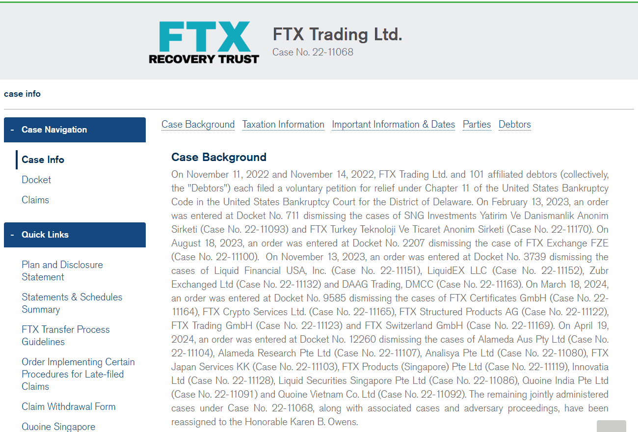 หน้าข้อมูลคดีล้มละลายของ FTX Trading Ltd.