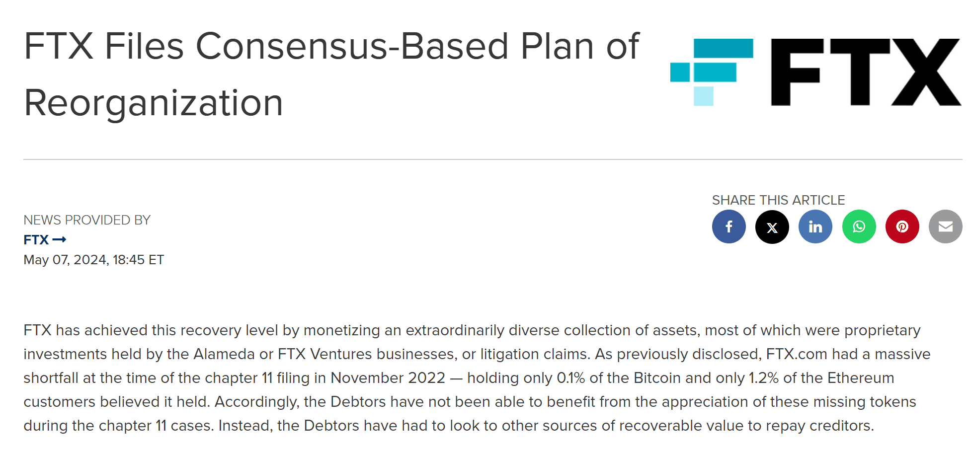 ข่าวแจก FTX วันที่ 7 พฤษภาคม 2024 เรื่องยื่นแผนฟื้นฟูกิจการ ย่อหน้าที่ระบุว่า ณ วันยื่นล้มละลาย FTX.com ถือ Bitcoin อยู่เพียง 0.1% และ Ethereum เพียง 1.2% ของที่ลูกค้าเชื่อว่าเว็บถืออยู่