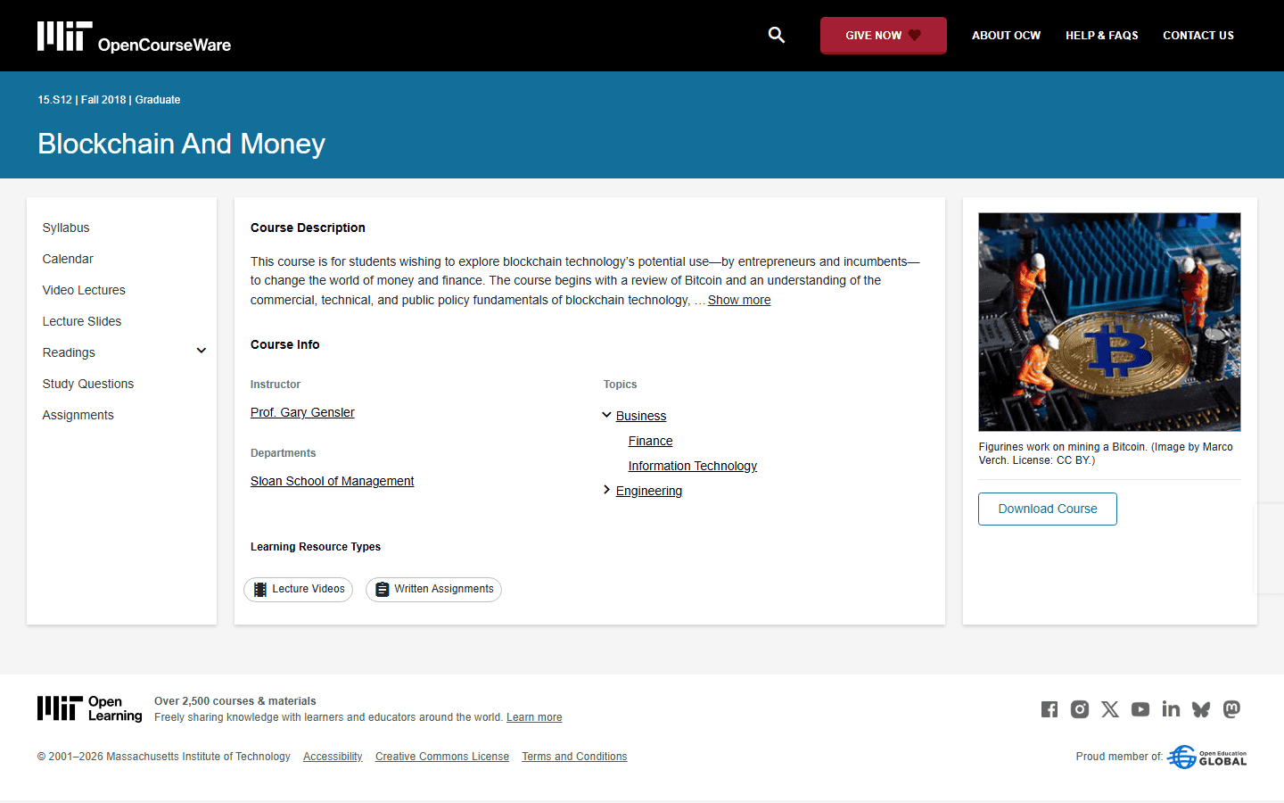 หน้าวิชา Blockchain and Money ของ MIT OpenCourseWare
