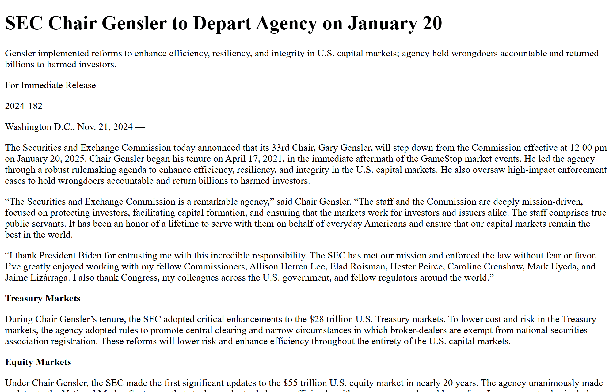 ข่าวแจก SEC ประกาศ Gensler ลาออก 20 ม.ค. 2025