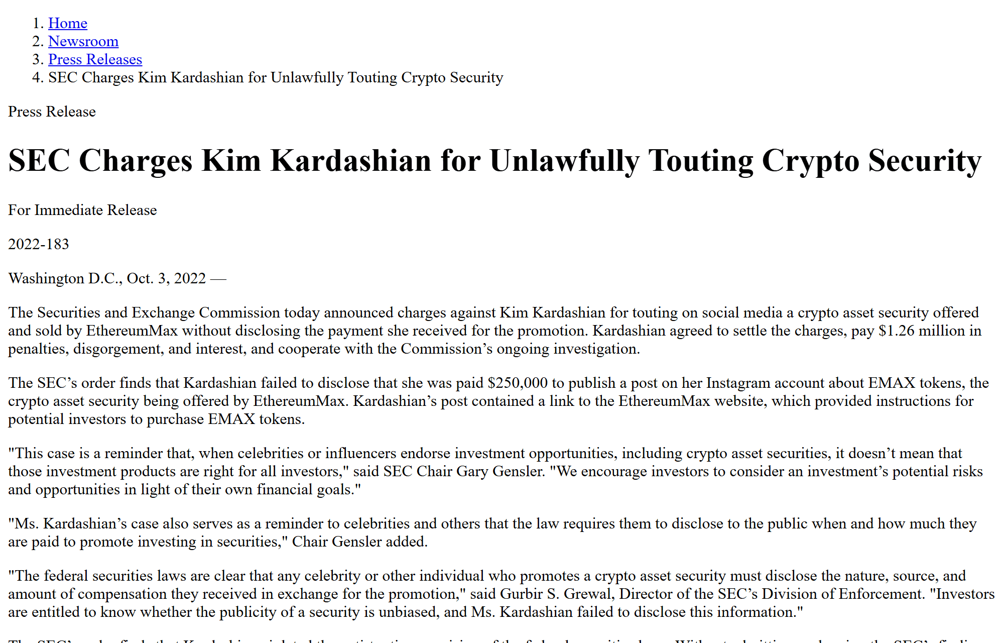 ข่าวแจก SEC คดี Kim Kardashian โปรโมตโทเคน EMAX