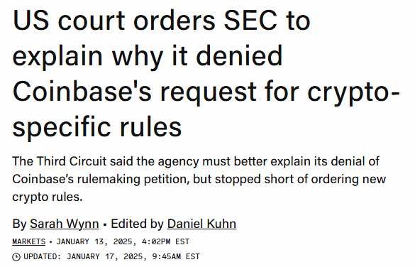 ข่าวศาลอุทธรณ์ภาคที่ 3 สั่ง SEC อธิบายเหตุผลที่ปฏิเสธคำร้องของ Coinbase