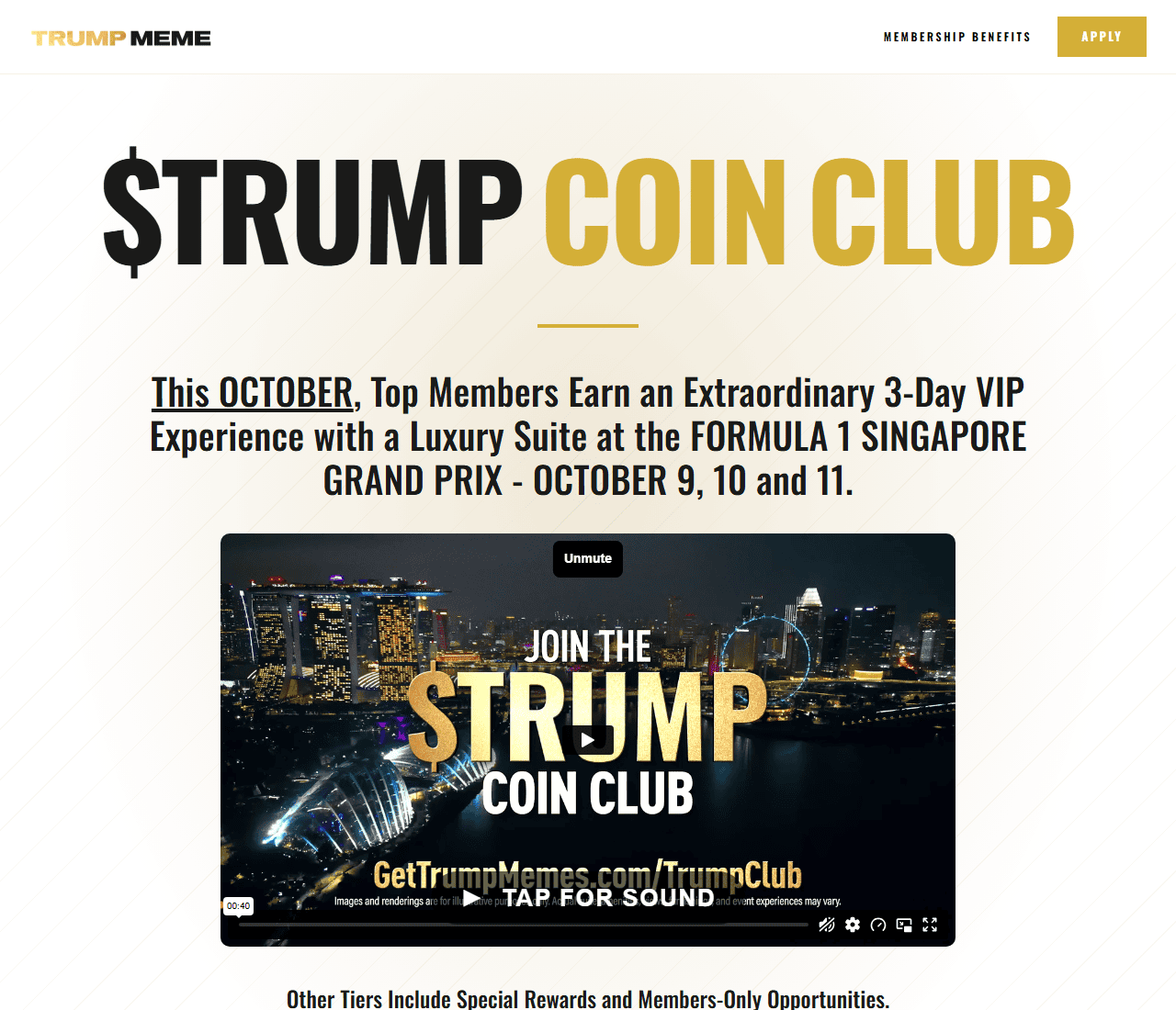 หน้าโปรโมชัน TRUMP Coin Club บนเว็บไซต์ทางการ GetTrumpMemes.com เสนอสิทธิพิเศษสำหรับผู้ถือเหรียญระดับสูง
