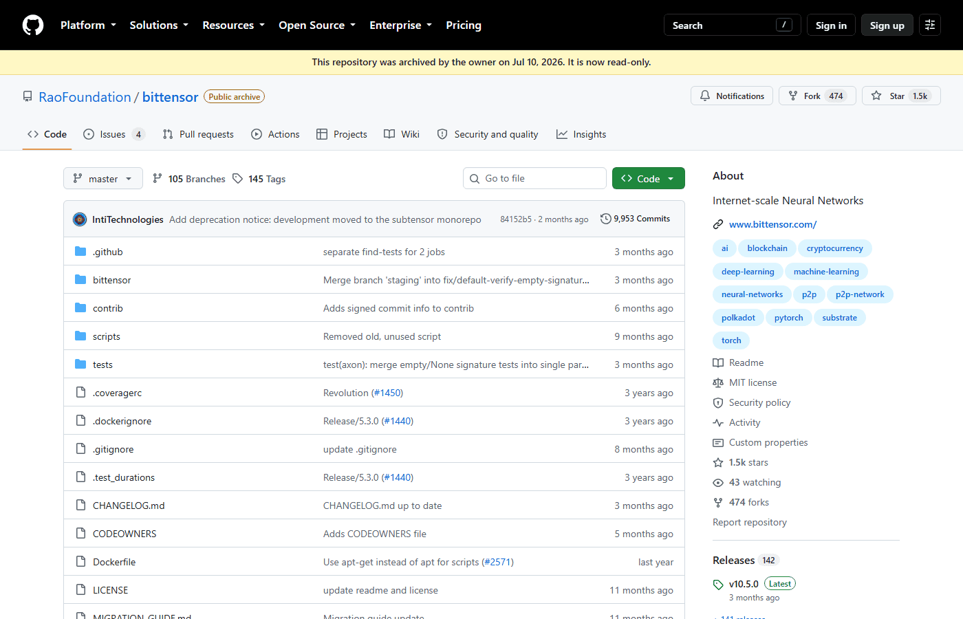 หน้า GitHub ของ Bittensor แสดงสถานะโอเพนซอร์สและใบอนุญาต MIT