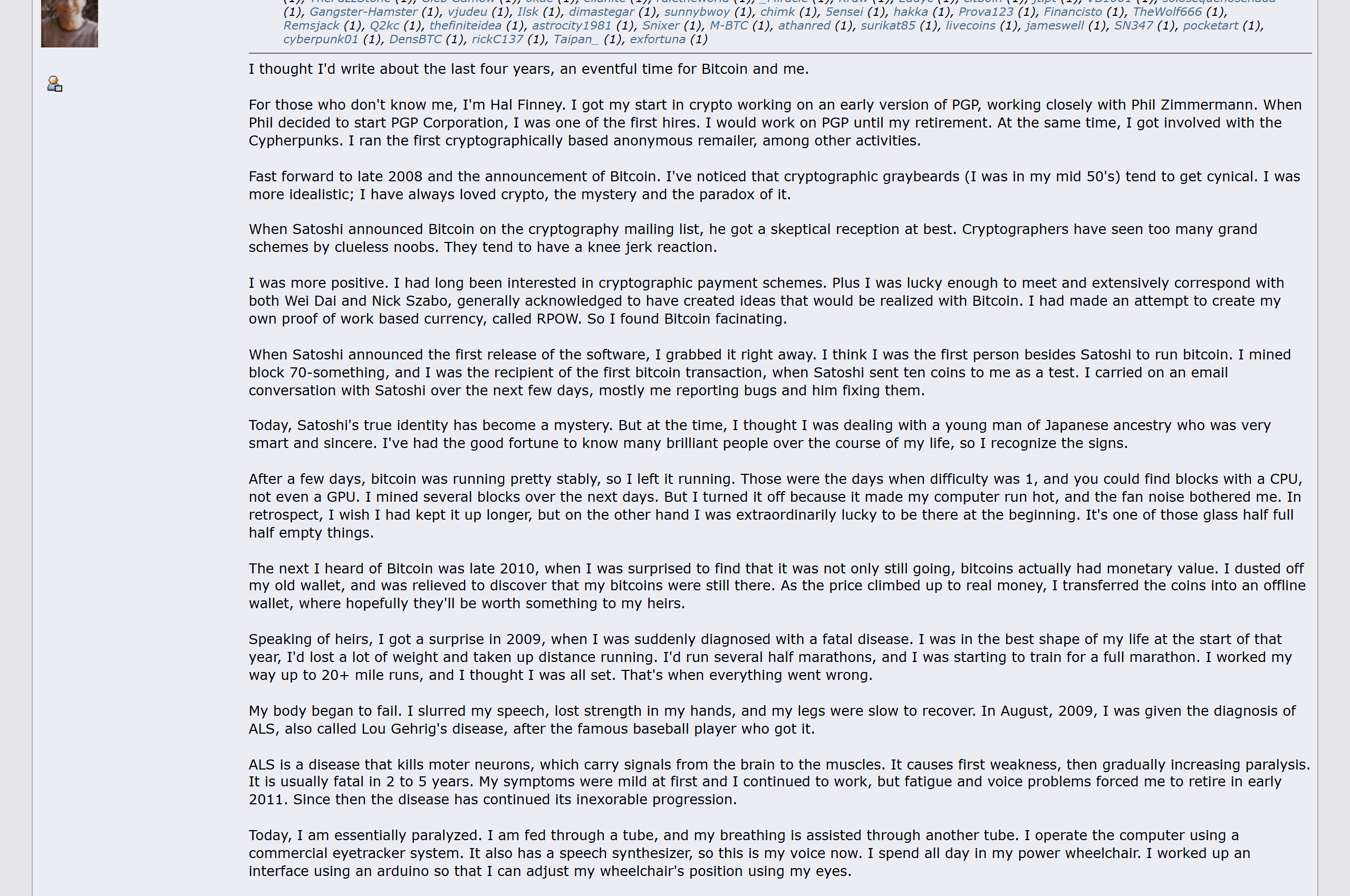 โพสต์ Bitcoin and me ที่ Hal Finney เขียนเองบนเว็บบอร์ด bitcointalk เมื่อ 19 มีนาคม 2013