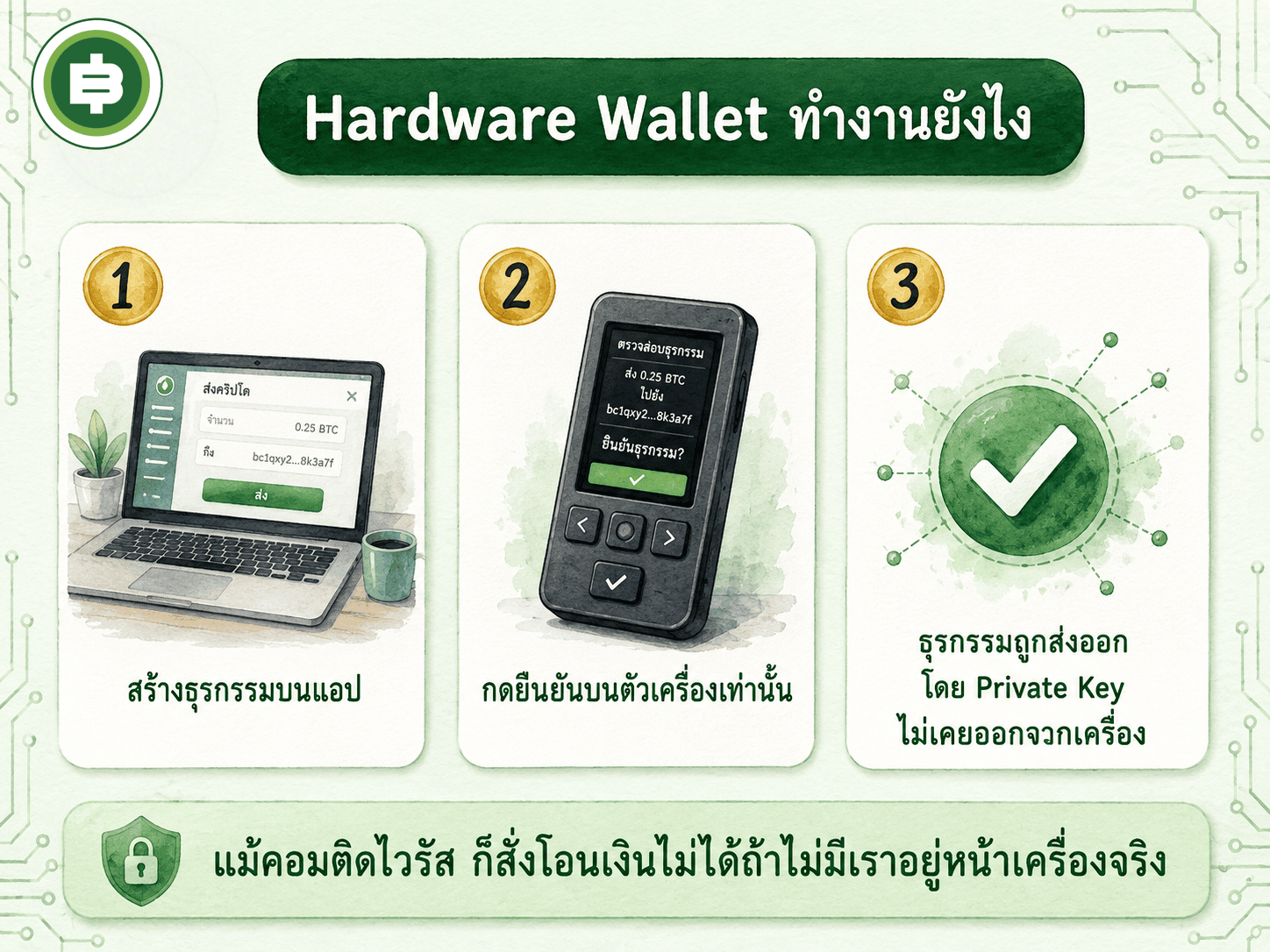 Hardware Wallet ทำงานยังไง สร้างธุรกรรมบนแอป กดยืนยันบนตัวเครื่องเท่านั้น ธุรกรรมถูกส่งออกโดย Private Key ไม่เคยออกจากเครื่อง