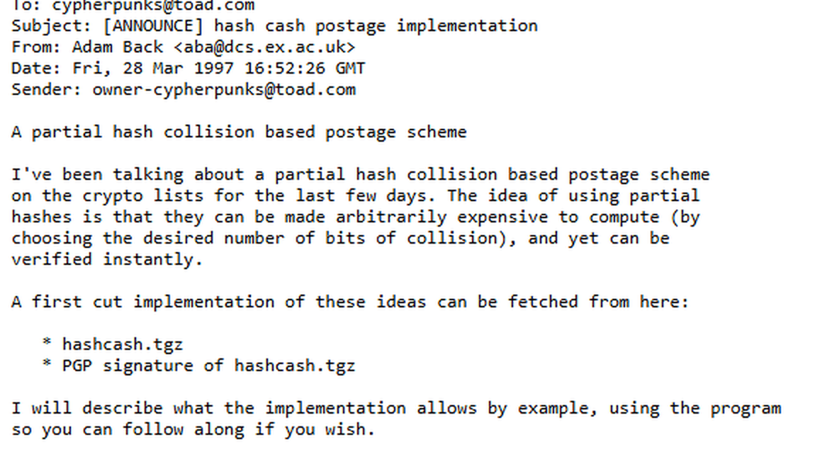 หัวจดหมายและย่อหน้าแรกของโพสต์ประกาศ hashcash ปี 1997