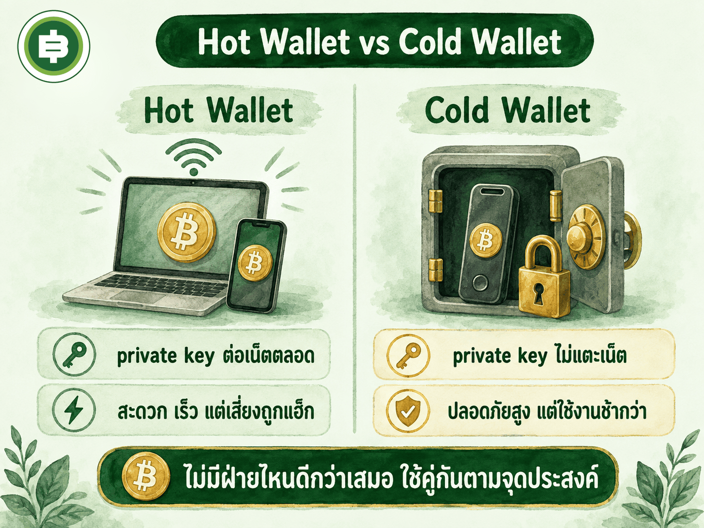 เปรียบเทียบ Hot Wallet กับ Cold Wallet private key ต่อเน็ตตลอดเทียบกับไม่แตะเน็ตเลย