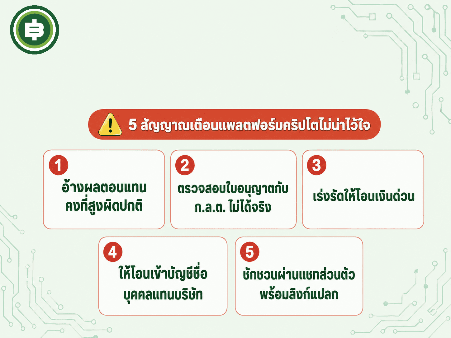 ห้าสัญญาณเตือนพื้นฐานที่ช่วยกรองแพลตฟอร์มคริปโตที่ไม่น่าไว้ใจ ก่อนตัดสินใจโอนเงินก้อนแรกเข้าไป