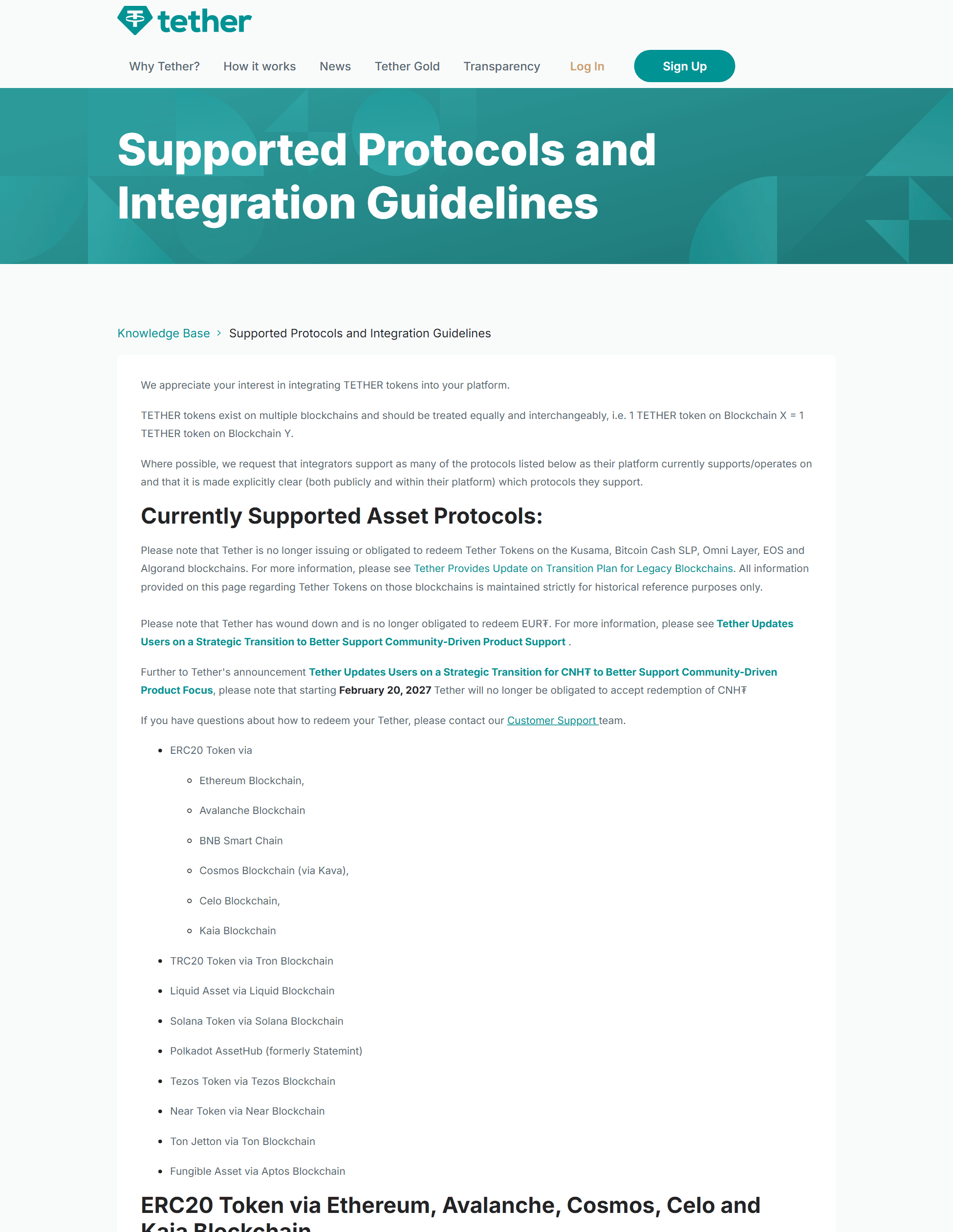 หน้าเว็บ Tether แสดงรายชื่อเครือข่ายบล็อกเชนที่ USDT ออกอยู่ เช่น Ethereum Tron และ BNB Smart Chain