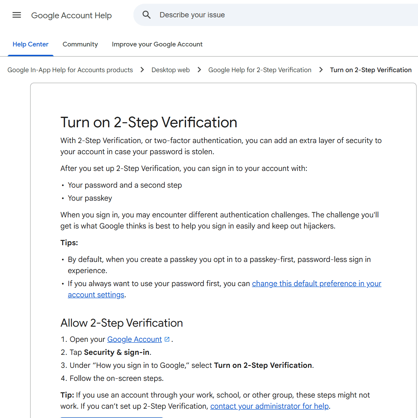 หน้าช่วยเหลือของ Google อธิบายวิธีเปิด 2-Step Verification ให้บัญชี Google ซึ่งใช้ได้กับอีเมลที่ผูกกับ Exchange