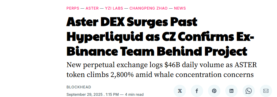 ข่าว Blockhead รายงาน Aster DEX แซงหน้า Hyperliquid ชั่วคราวหลัง CZ ยืนยันทีมงานอดีต Binance อยู่เบื้องหลังโปรเจกต์