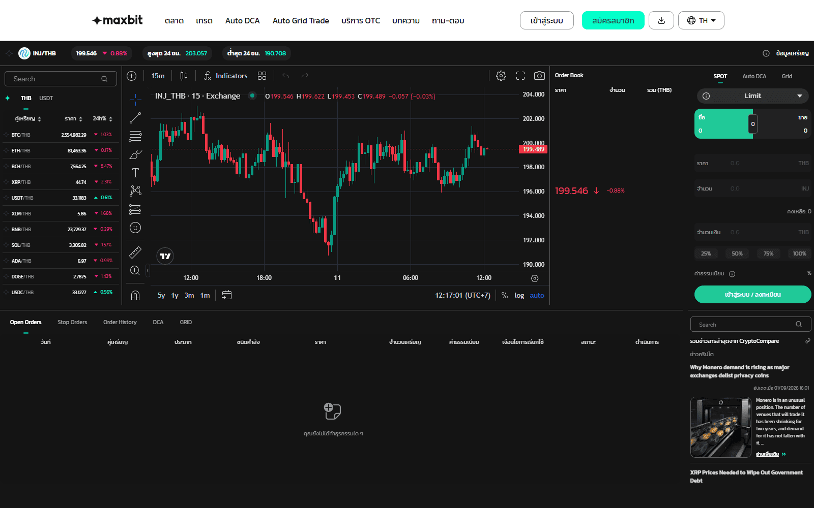 หน้าตลาด INJ/THB บน Maxbit