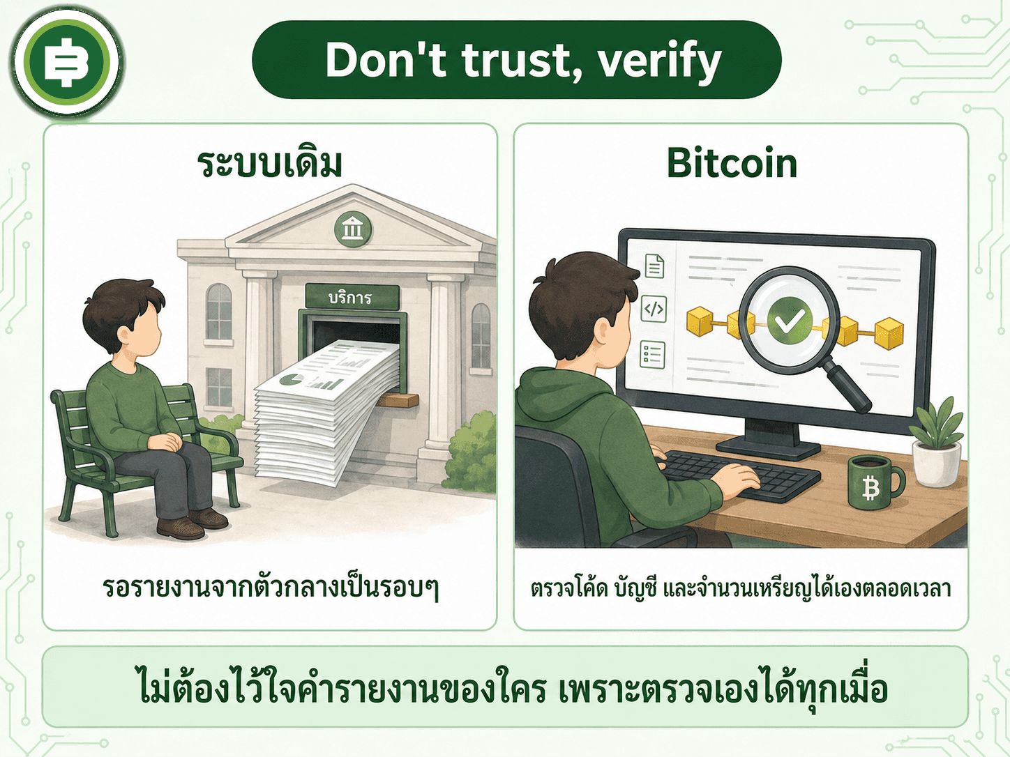 เปรียบเทียบการรอรายงานจากตัวกลางแบบเดิม กับหลักการ Don't trust verify ที่ตรวจสอบได้เองของ Bitcoin