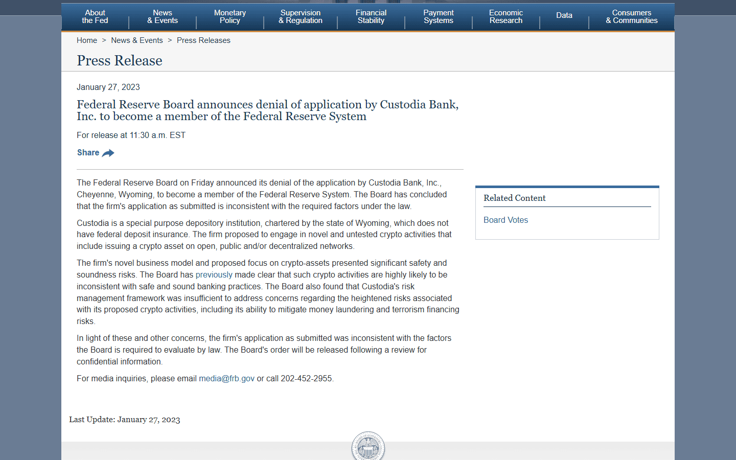 āļāđāļēāļ§āđāļāļ Fed āļāļāļīāđāļŠāļāļāļģāļāļāļāļāļ Custodia Bank āļĄāļāļĢāļēāļāļĄ 2023
