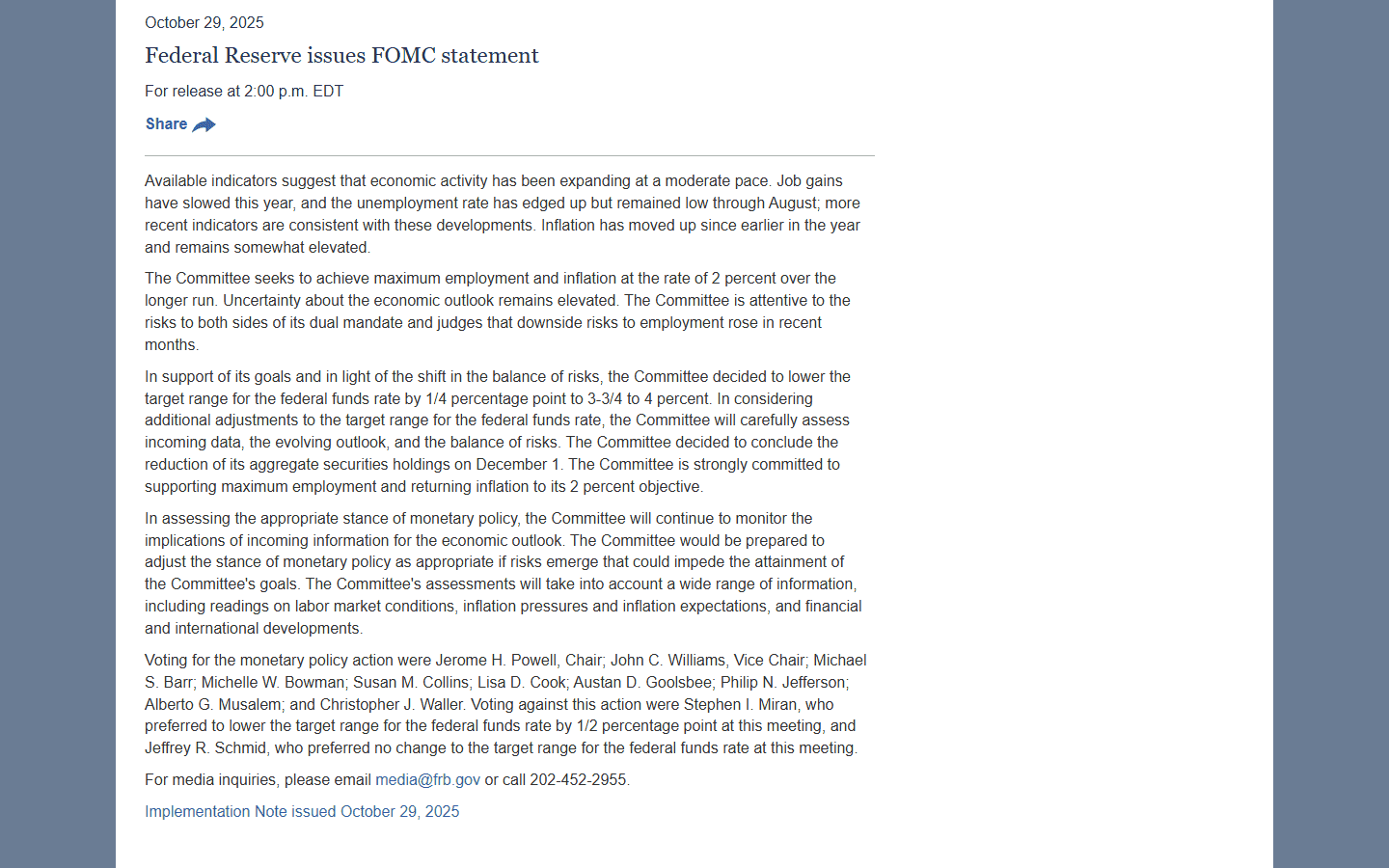 āđāļāļĨāļāļāļēāļĢāļāđ FOMC 29 āļāļļāļĨāļēāļāļĄ 2025 āļāļĢāļ°āļāļēāļĻāļāļ QT