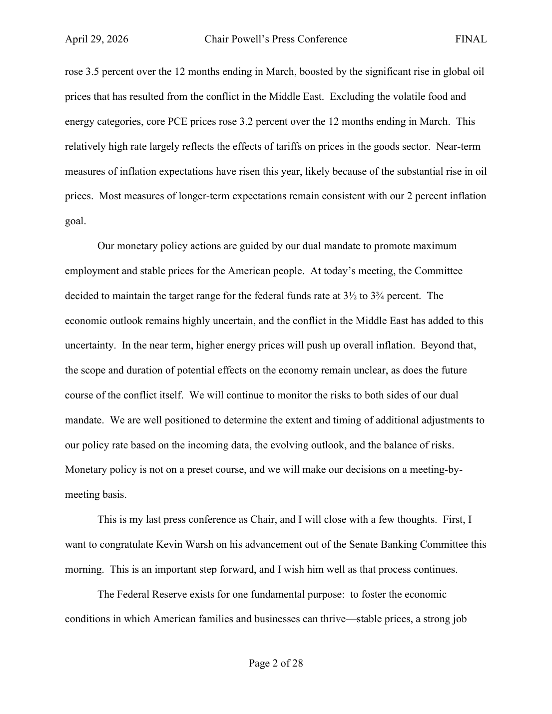 transcript āđāļāļĨāļāļāđāļēāļ§āļāļĢāļąāđāļāļŠāļļāļāļāđāļēāļĒāļāļāļ Powell 29 āđāļĄāļĐāļēāļĒāļ 2026
