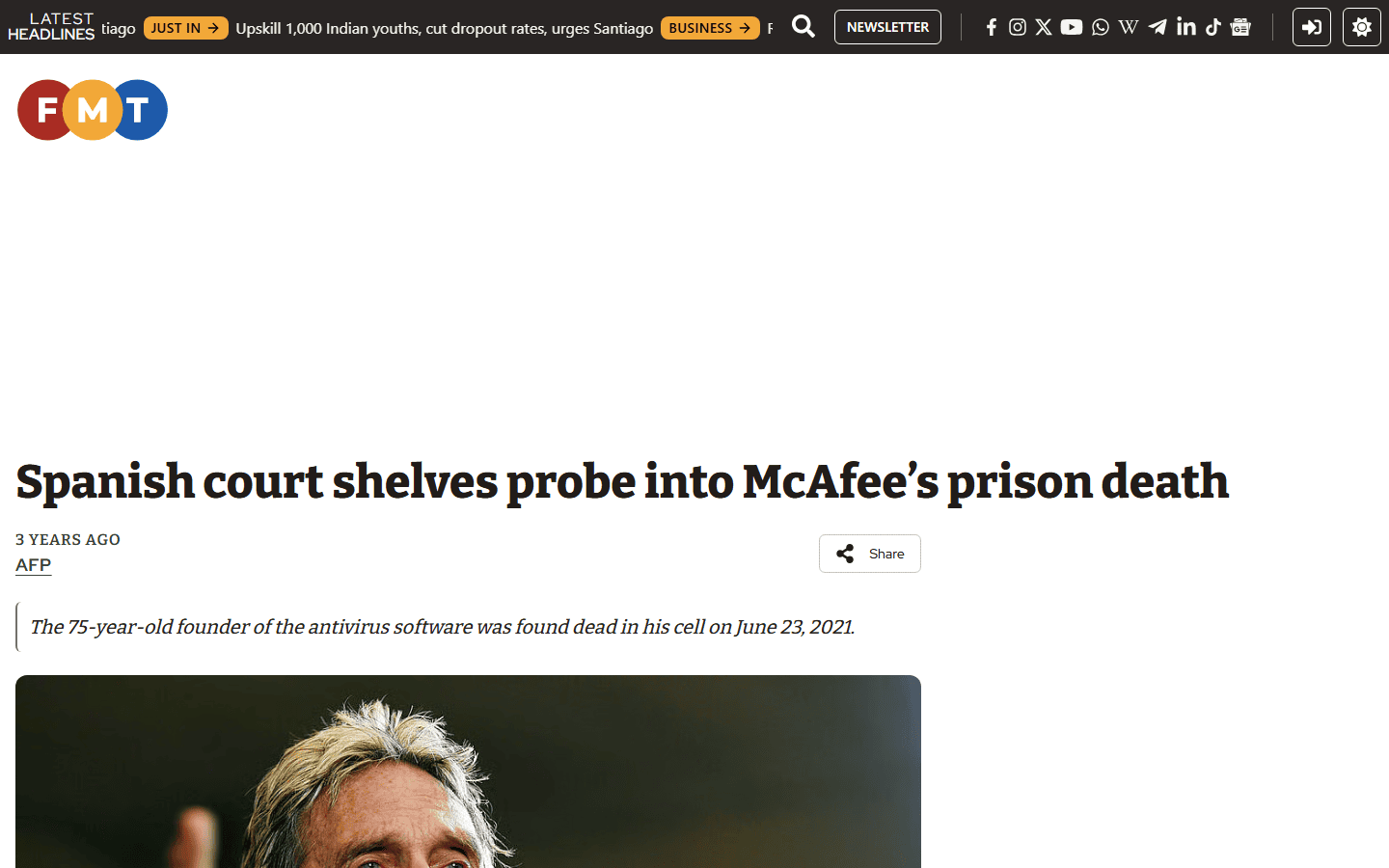 ข่าว AFP ศาลสเปนปิดการสอบสวนการเสียชีวิตของ McAfee