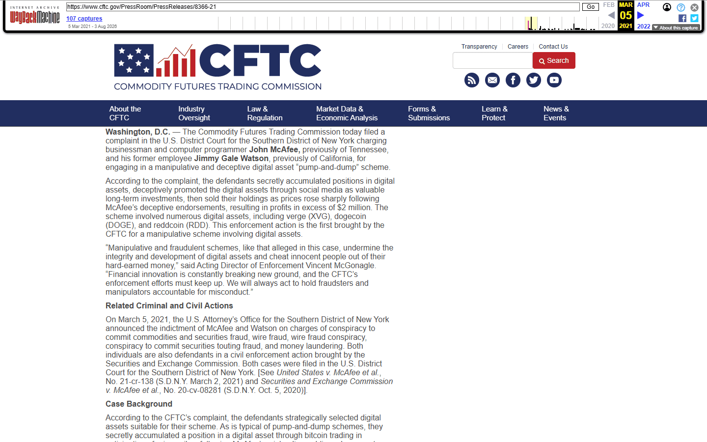 ข่าวแจก CFTC ฟ้อง John McAfee คดี pump and dump ปี 2021