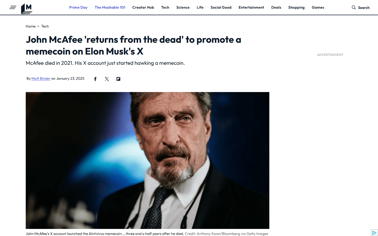 ข่าว Mashable บัญชี X ของ McAfee เปิดตัว memecoin ปี 2025