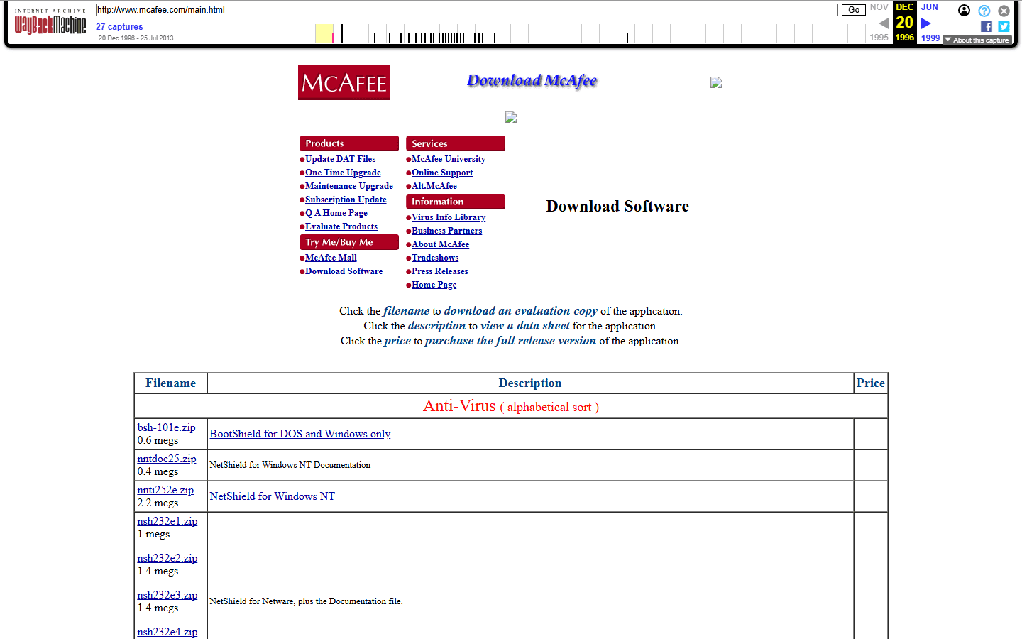 หน้าดาวน์โหลดโปรแกรมบนเว็บ mcafee.com ปี 1996 จาก Wayback Machine