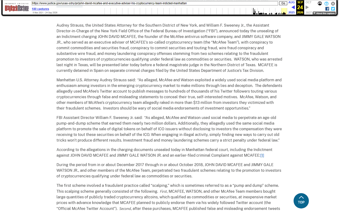 ข่าวแจกอัยการเขต SDNY ตั้งข้อหา McAfee ปี 2021