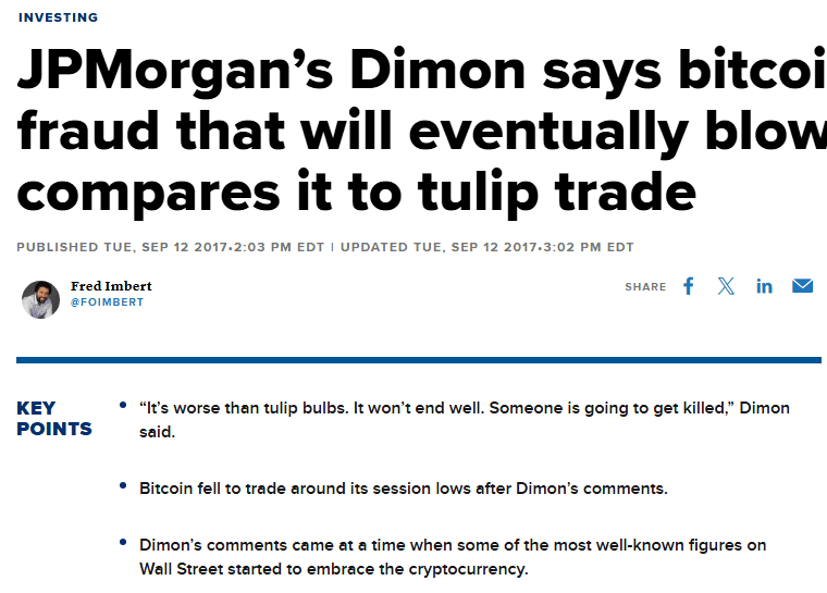 ข่าว CNBC 12 ก.ย. 2017 Jamie Dimon เรียก Bitcoin ว่าเป็นการฉ้อโกงและเทียบกับการเก็งกำไรหัวทิวลิป