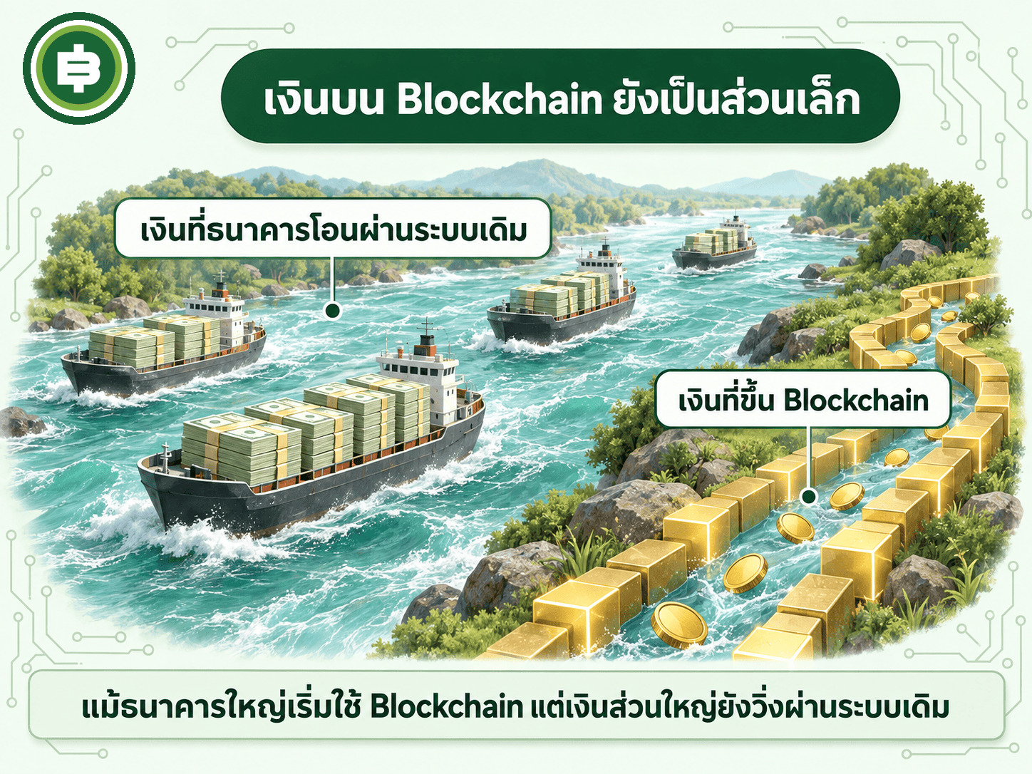 เงินที่ย้ายขึ้น Blockchain ยังเป็นส่วนเล็กเมื่อเทียบกับเงินที่ธนาคารโอนผ่านระบบเดิม