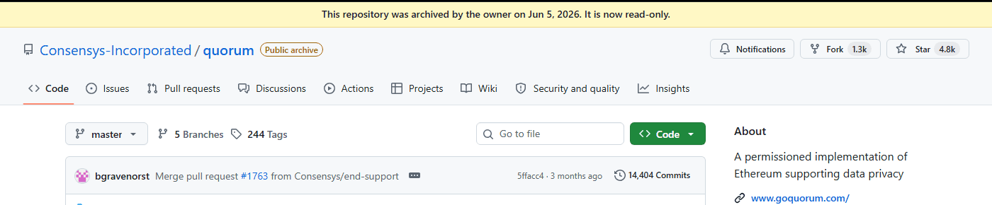 Repository Quorum บน GitHub ขึ้นป้าย Public archive คำอธิบาย A permissioned implementation of Ethereum