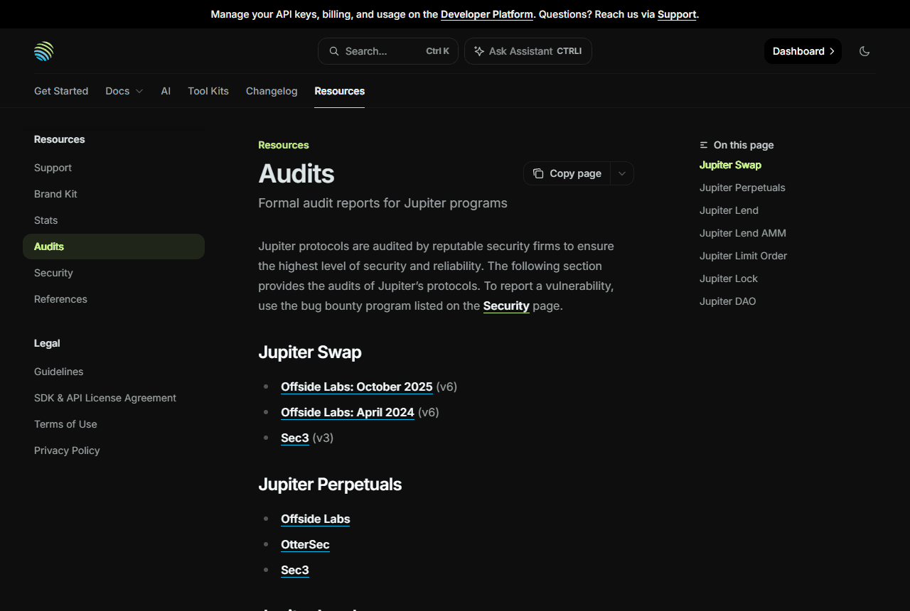 หน้าเว็บทางการ dev.jup.ag แสดงรายชื่อบริษัทออดิตที่ตรวจสอบ Jupiter Swap, Perpetuals, Lend