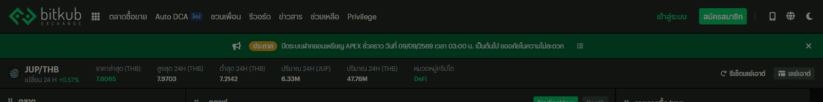 หน้าเทรด JUP/THB จริงบน Bitkub เว็บเทรดคริปโตที่มีใบอนุญาตในไทย