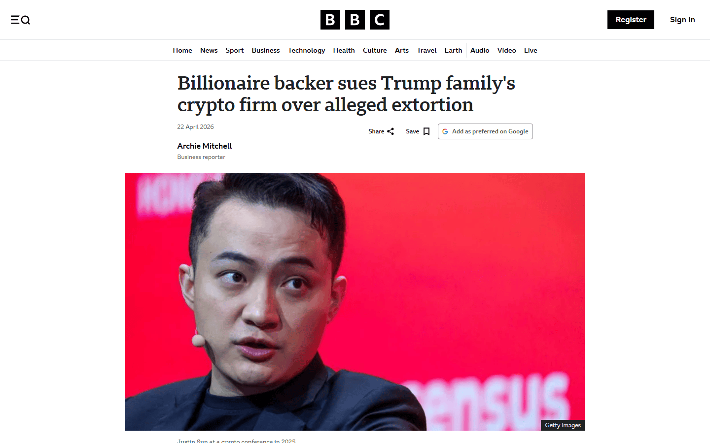 ข่าว BBC เรื่อง Justin Sun ฟ้อง World Liberty Financial