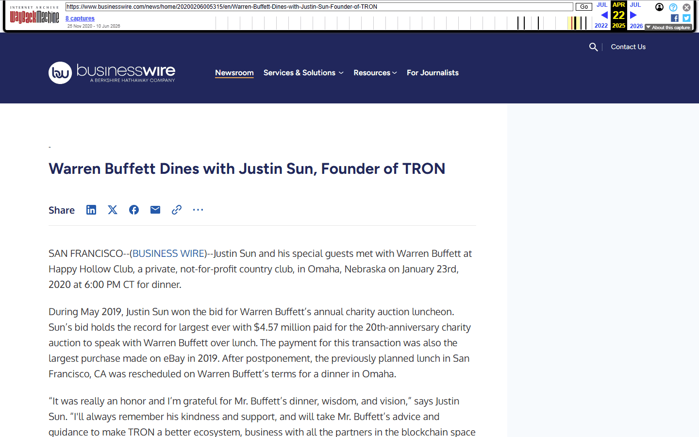 ข่าวแจกเรื่องดินเนอร์ระหว่าง Warren Buffett กับ Justin Sun