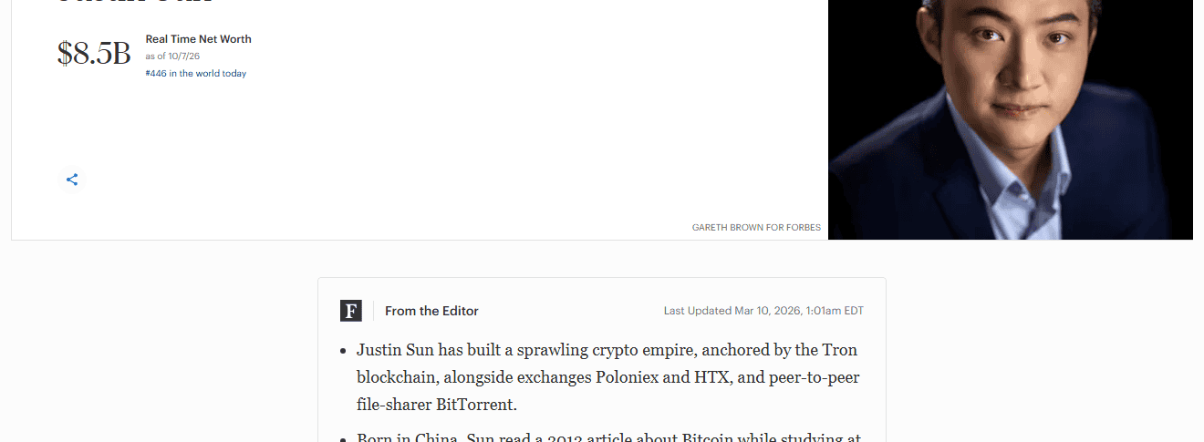 หน้าโปรไฟล์ Justin Sun บน Forbes