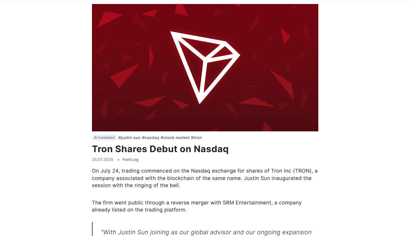 ข่าวหุ้น Tron Inc เริ่มซื้อขายบน Nasdaq