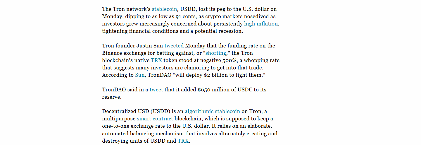 ข่าว Fortune เรื่อง USDD หลุดหมุดเดือนมิถุนายน 2022