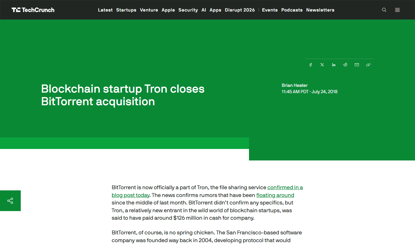 ข่าว TechCrunch เรื่อง TRON ปิดดีลซื้อ BitTorrent ปี 2018