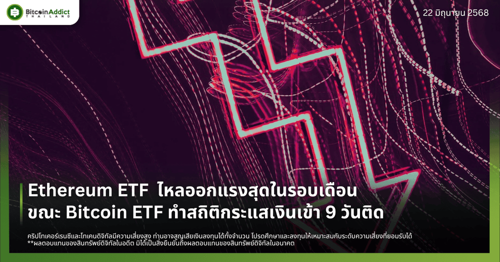 Ethereum ETF  ไหลออกแรงสุดในรอบเดือน ขณะ Bitcoin ETF ทำสถิติกระแสเงินเข้า 9 วันติด