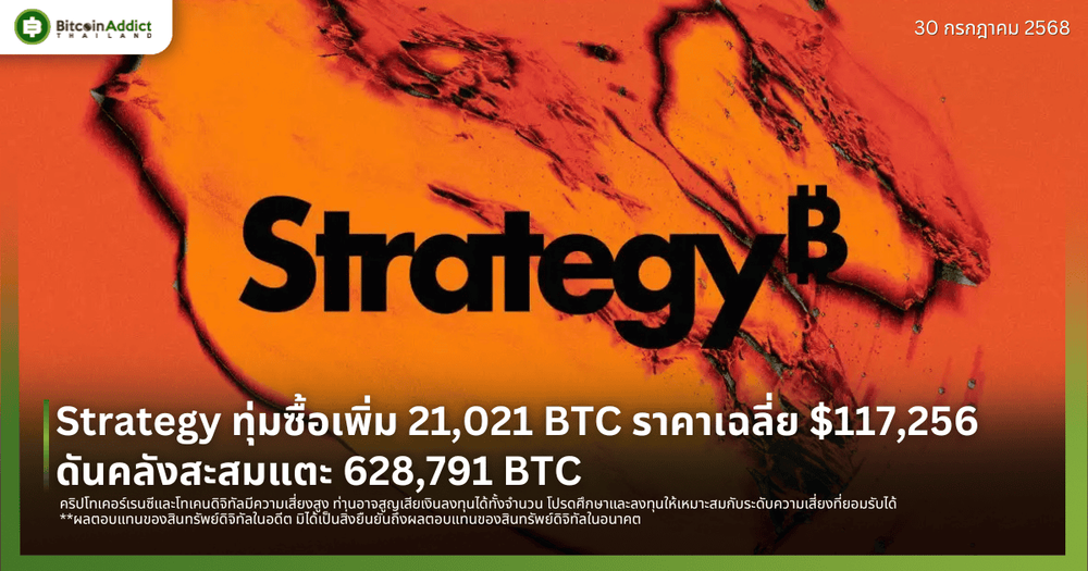 Strategy ทุ่มซื้อเพิ่ม 21,021 BTC ราคาเฉลี่ย $117,256 ดันคลังสะสมแตะ 628,791 BTC