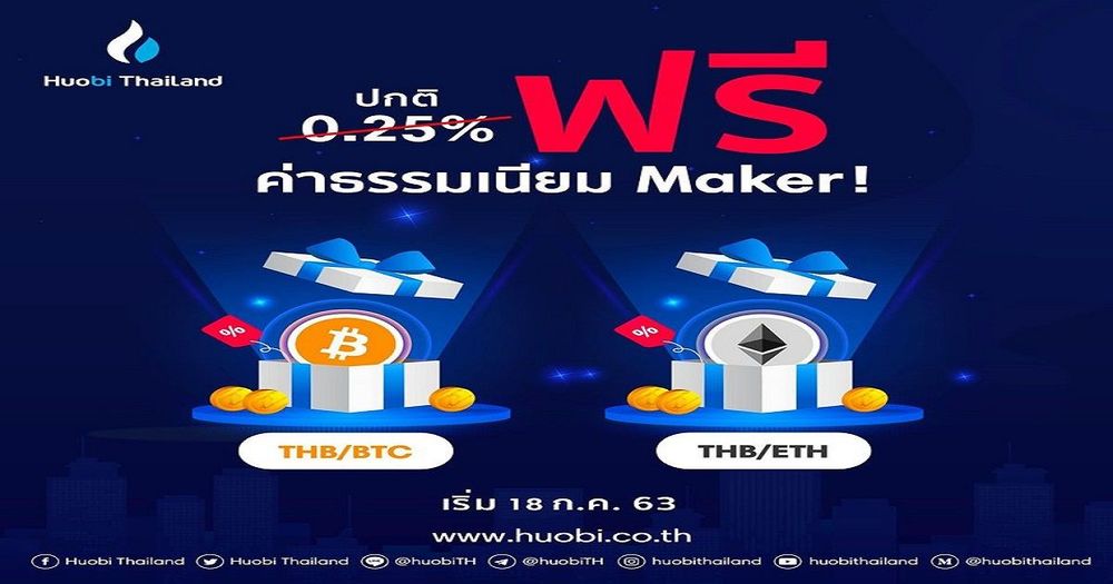 Huobi Thailand จัดโปรเทรด Bitcoin , ETH ฟรี ไม่มีค่าธรรมเนียม Maker เริ่ม 18 กรกฎาคม 63