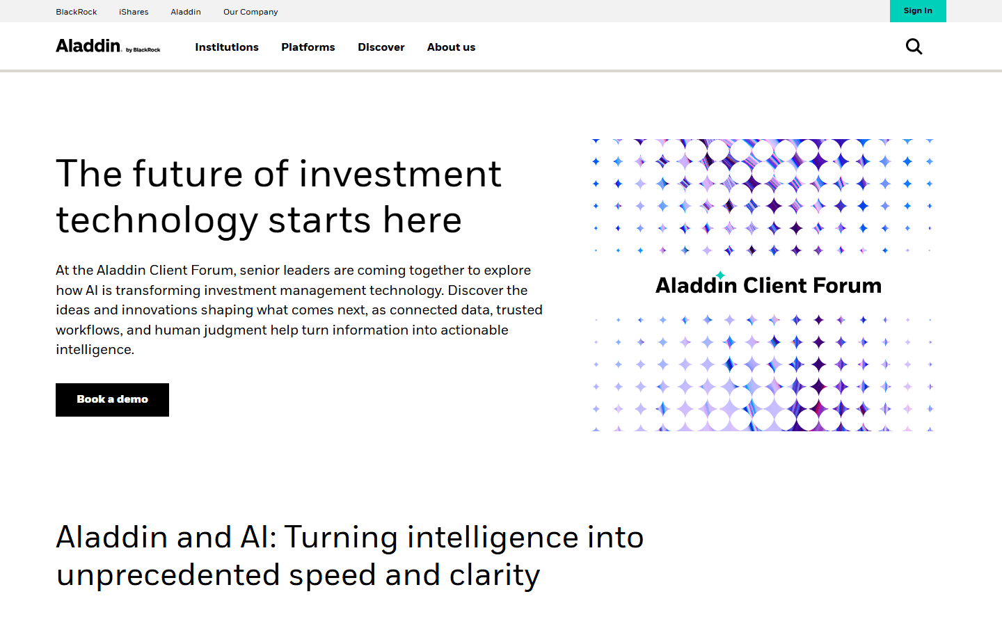 หน้าเว็บทางการของแพลตฟอร์ม Aladdin ของ BlackRock