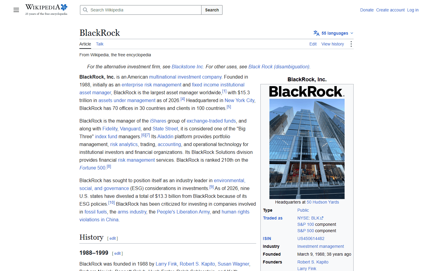 หน้าประวัติ BlackRock ระบุผู้ก่อตั้ง 8 คนในปี 1988