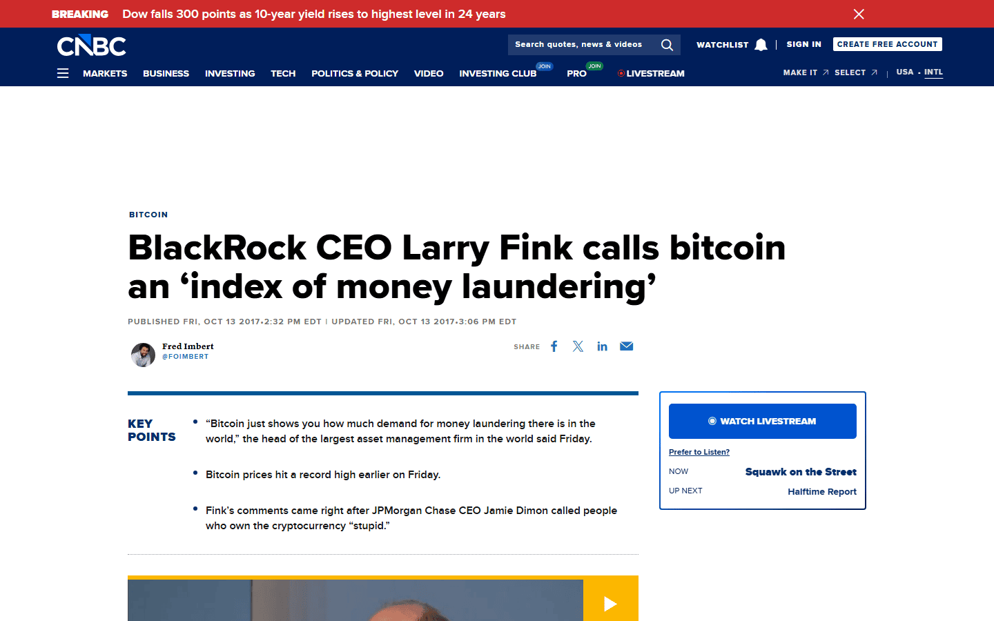 ข่าว CNBC ปี 2017 ที่ Larry Fink เรียก Bitcoin ว่าดัชนีการฟอกเงิน
